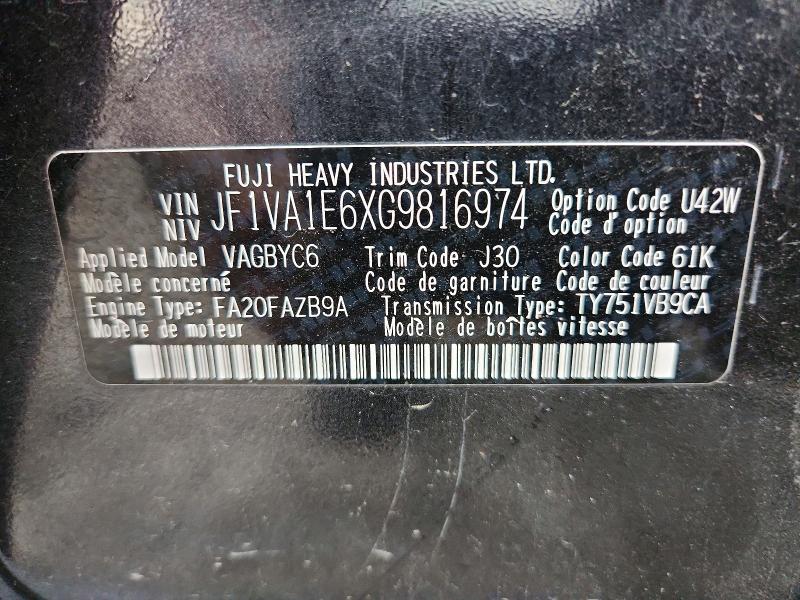 61053666 :رقم المزاد ، JF1VA1E6XG9816974 vin ، 2016 Subaru Wrx مزاد بيع