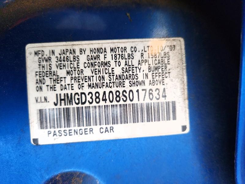 2008 Honda Fit მანქანა იყიდება აუქციონზე, vin: JHMGD38408S017634, აუქციონის ნომერი: 61741666