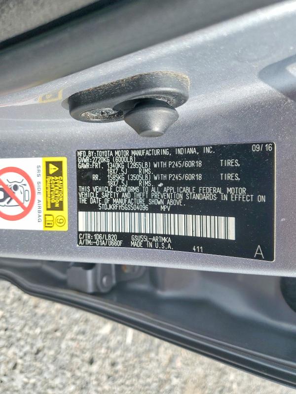 62494316 :رقم المزاد ، 5TDJKRFH5GS504096 vin ، 2016 Toyota Highlander مزاد بيع