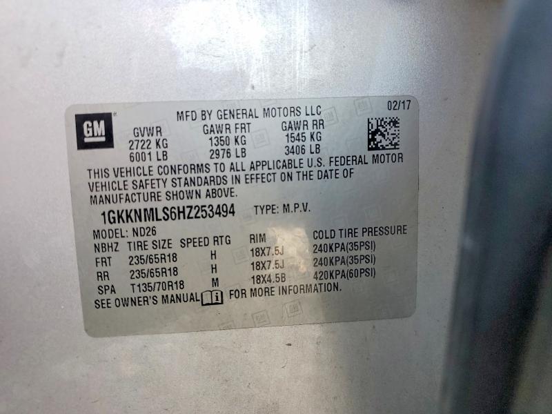Aukcja sprzedaży 2017 Gmc Acadia, vin: 1GKKNMLS6HZ253494, numer aukcji: 60492726