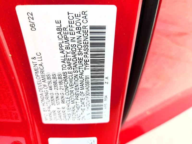 Aukcja sprzedaży 2022 Honda Accord, vin: 1HGCV1F30NA058781, numer aukcji: 62523256