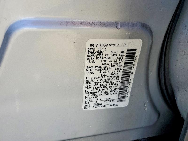 61002596 :رقم المزاد ، JN8CS1MU1DM140426 vin ، 2013 Infiniti Fx37 مزاد بيع