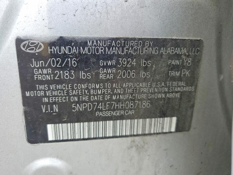 59543836 :رقم المزاد ، 5NPD74LF7HH087186 vin ، 2017 Hyundai Elantra مزاد بيع