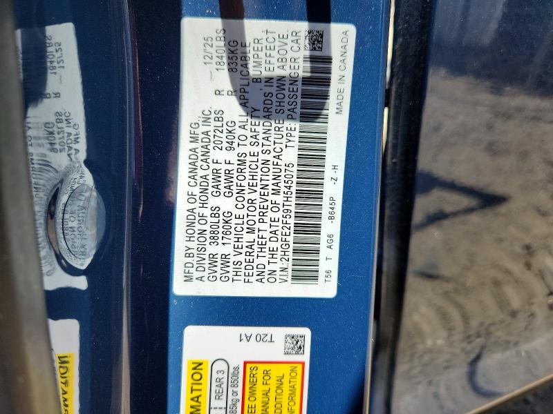 2026 Honda Civic მანქანა იყიდება აუქციონზე, vin: 2HGFE2F59TH545075, აუქციონის ნომერი: 61417116