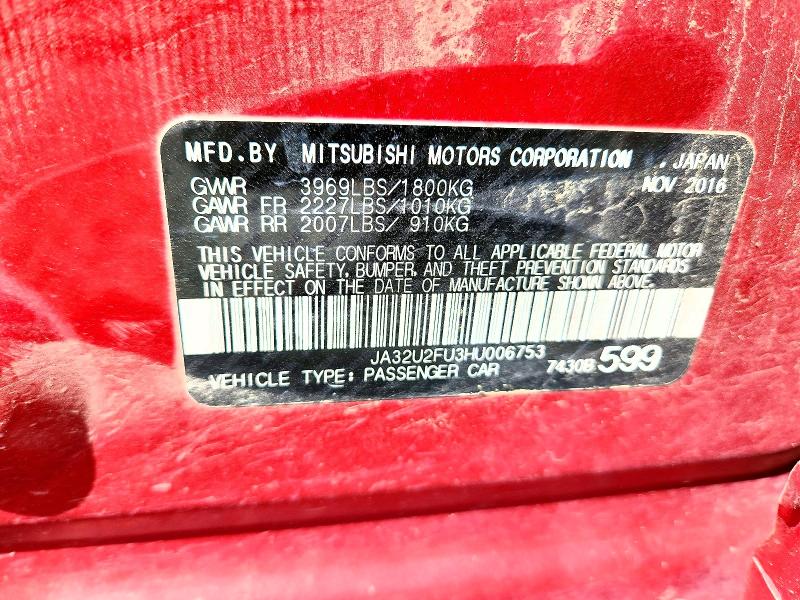 Aukcja sprzedaży 2017 Mitsubishi Lancer, vin: JA32U2FU3HU006753, numer aukcji: 61348706