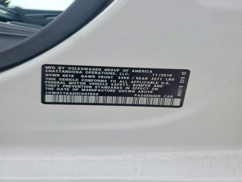2017 Volkswagen Passat მანქანა იყიდება აუქციონზე, vin: 1VWGT7A32HC037503, აუქციონის ნომერი: 59972366