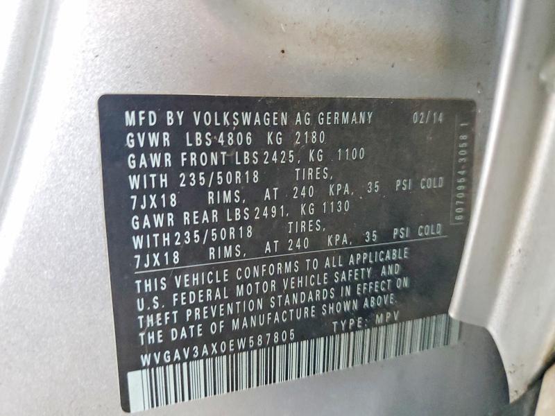 2014 Volkswagen Tiguan მანქანა იყიდება აუქციონზე, vin: WVGAV3AX0EW587805, აუქციონის ნომერი: 60421956