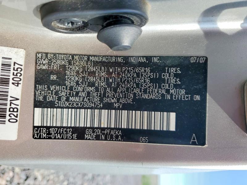 Продаж на аукціоні авто 2007 Toyota Sienna, vin: 5TDZK23CX7S094754, номер лоту: 60558916