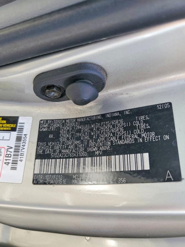 60465196 :رقم المزاد ، 5TDZA23C76S431060 vin ، 2006 Toyota Sienna مزاد بيع