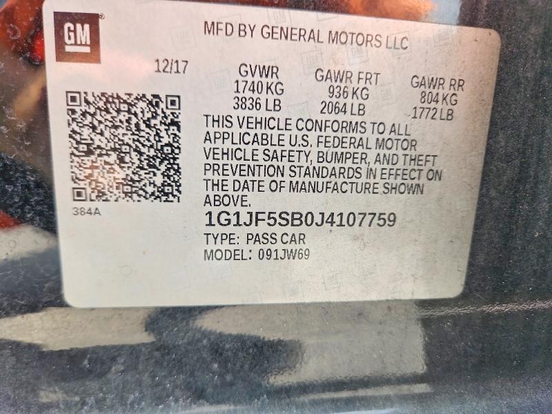 63054676 :رقم المزاد ، 1G1JF5SB0J4107759 vin ، 2018 Chevrolet Sonic مزاد بيع