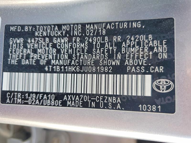 2018 Toyota Camry მანქანა იყიდება აუქციონზე, vin: 4T1B11HK6JU081982, აუქციონის ნომერი: 62713076