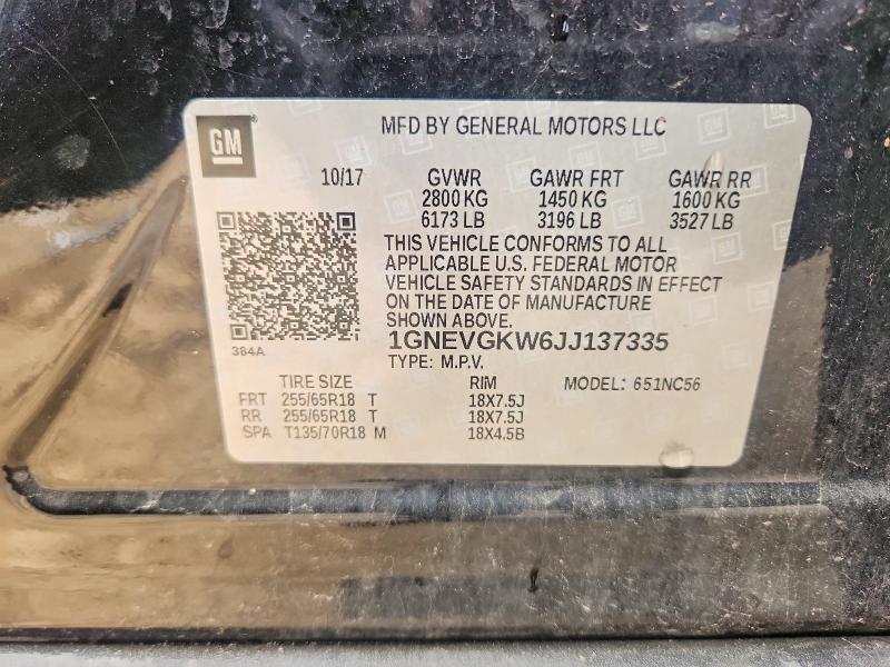 Aukcja sprzedaży 2018 Chevrolet Traverse, vin: 1GNEVGKW6JJ137335, numer aukcji: 62272586