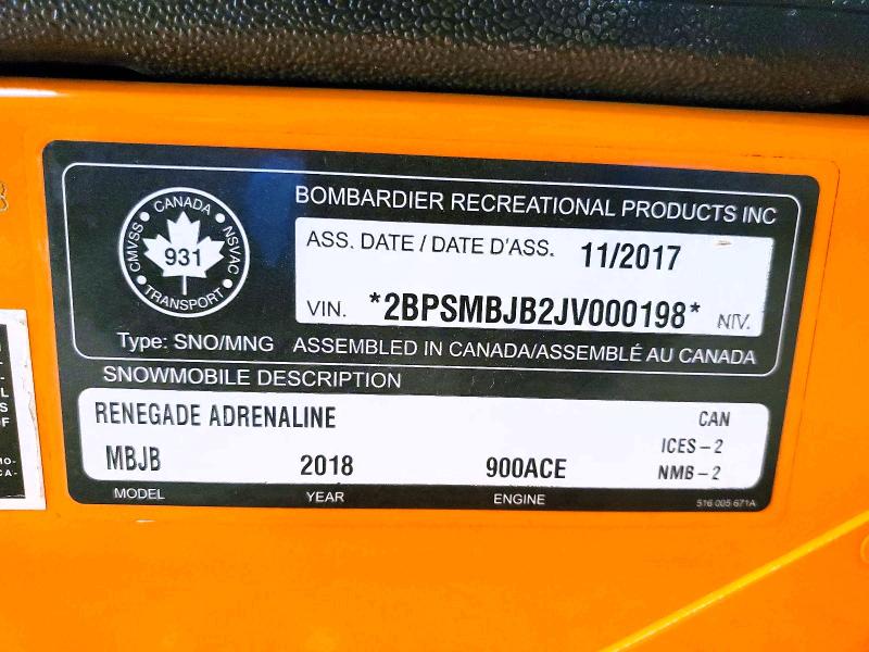 Aukcja sprzedaży 2018 Skidoo Renegade Adrenaline, vin: 2BPSMBJB2JV000198, numer aukcji: 60124046