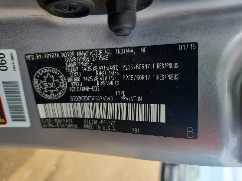 60460896 :رقم المزاد ، 5TDZK3DC5FS574543 vin ، 2015 Toyota Sienna مزاد بيع
