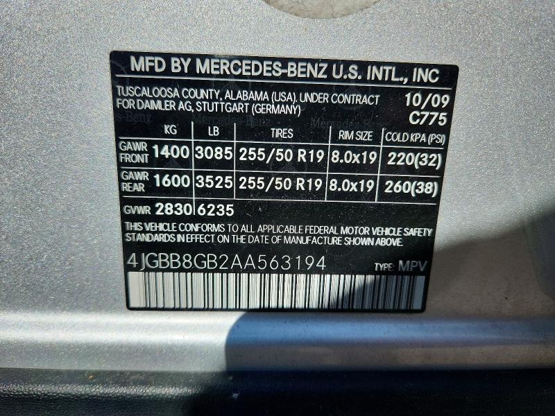 Aukcja sprzedaży 2010 Mercedes-benz Ml, vin: 4JGBB8GB2AA563194, numer aukcji: 62060436