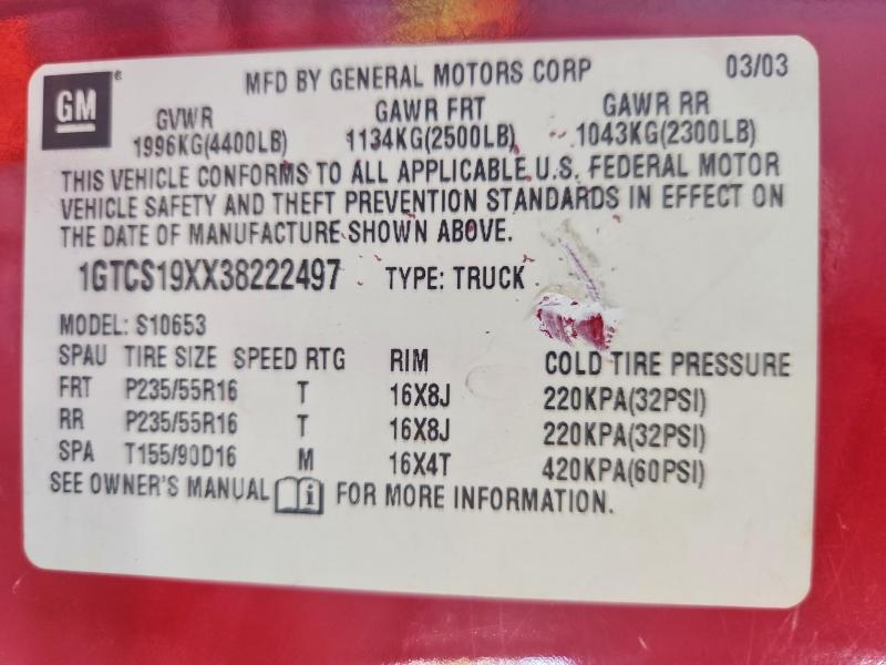 60826606 :رقم المزاد ، 1GTCS19XX38222497 vin ، 2003 Gmc Sonoma مزاد بيع