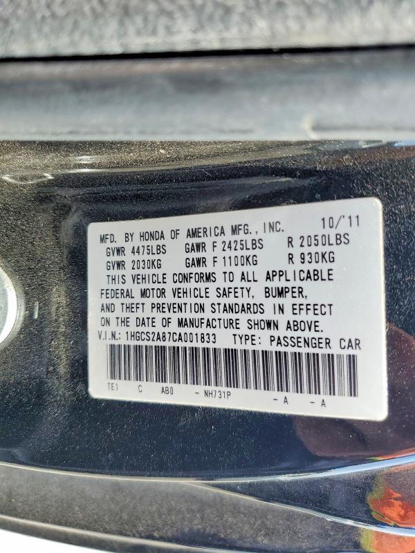 Aukcja sprzedaży 2012 Honda Accord, vin: 1HGCS2A87CA001833, numer aukcji: 62668186