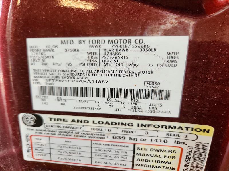 60865656 :رقم المزاد ، 1FTFW1EV2AFA11857 vin ، 2010 Ford F150 مزاد بيع