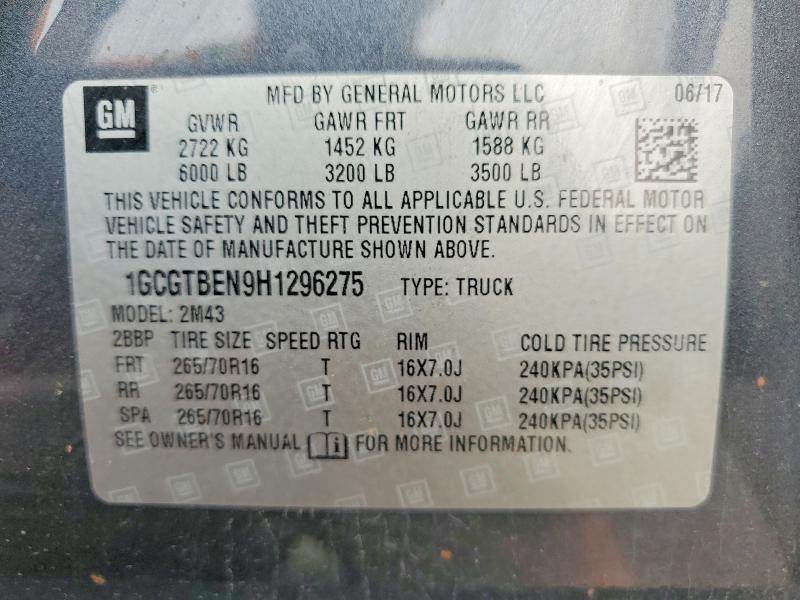 Aukcja sprzedaży 2017 Chevrolet Colorado, vin: 1GCGTBEN9H1296275, numer aukcji: 61301576