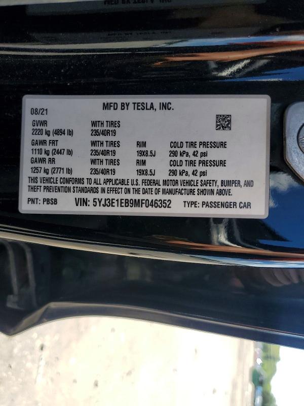 2021 Tesla Model 3 მანქანა იყიდება აუქციონზე, vin: 5YJ3E1EB9MF046352, აუქციონის ნომერი: 63400376