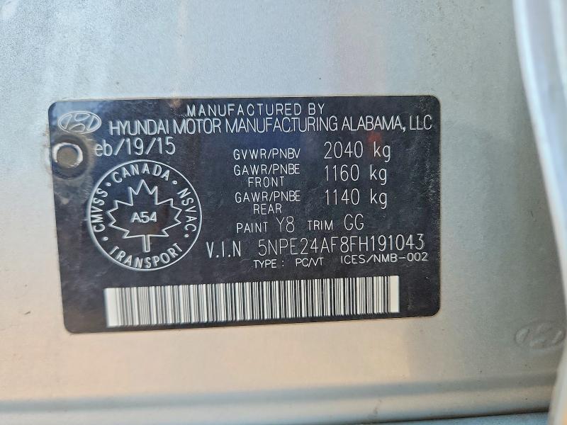 2015 Hyundai Sonata მანქანა იყიდება აუქციონზე, vin: 5NPE24AF8FH191043, აუქციონის ნომერი: 63186726