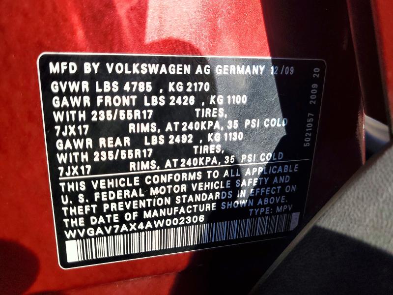 2010 Volkswagen Tiguan მანქანა იყიდება აუქციონზე, vin: WVGAV7AX4AW002306, აუქციონის ნომერი: 63136976
