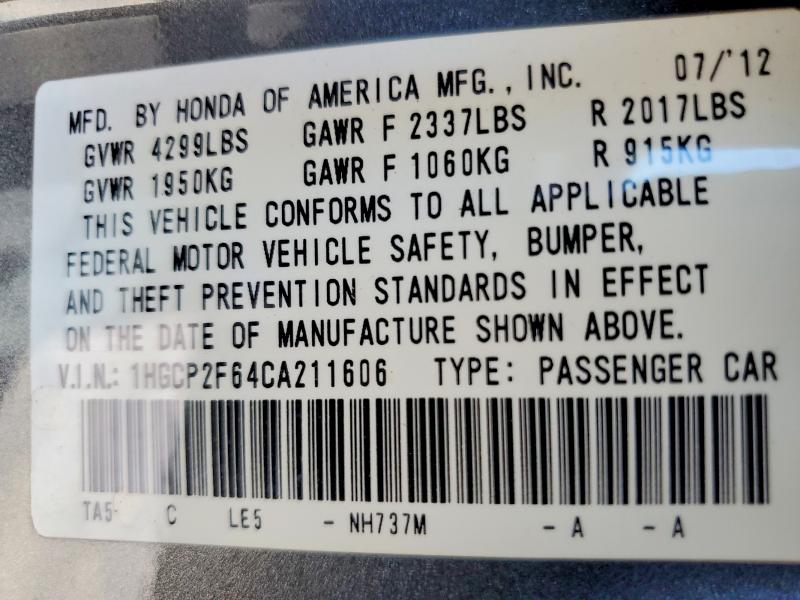 Aukcja sprzedaży 2012 Honda Accord, vin: 1HGCP2F64CA211606, numer aukcji: 61086876