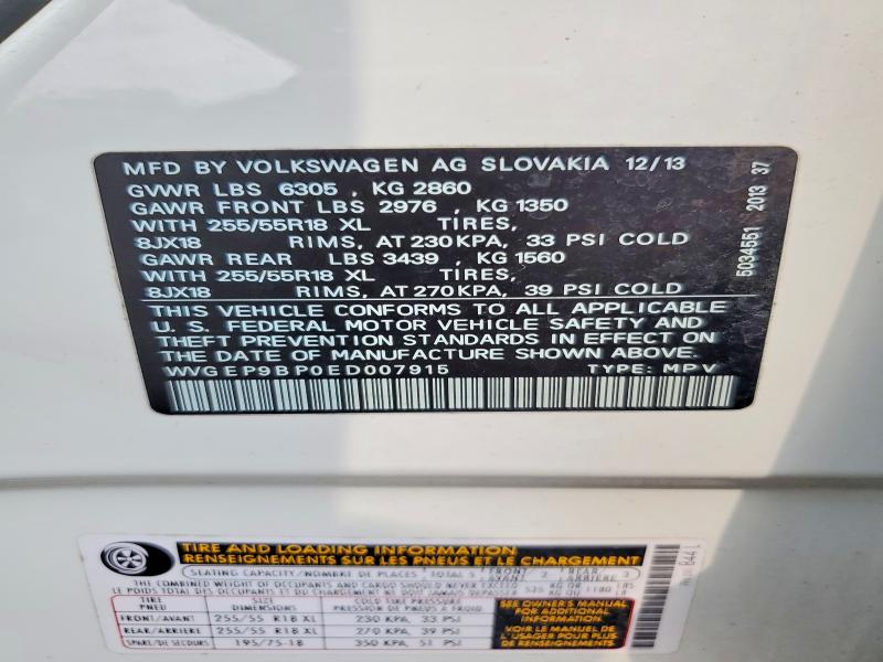 Продаж на аукціоні авто 2014 Volkswagen Touareg, vin: WVGEP9BP0ED007915, номер лоту: 62913766