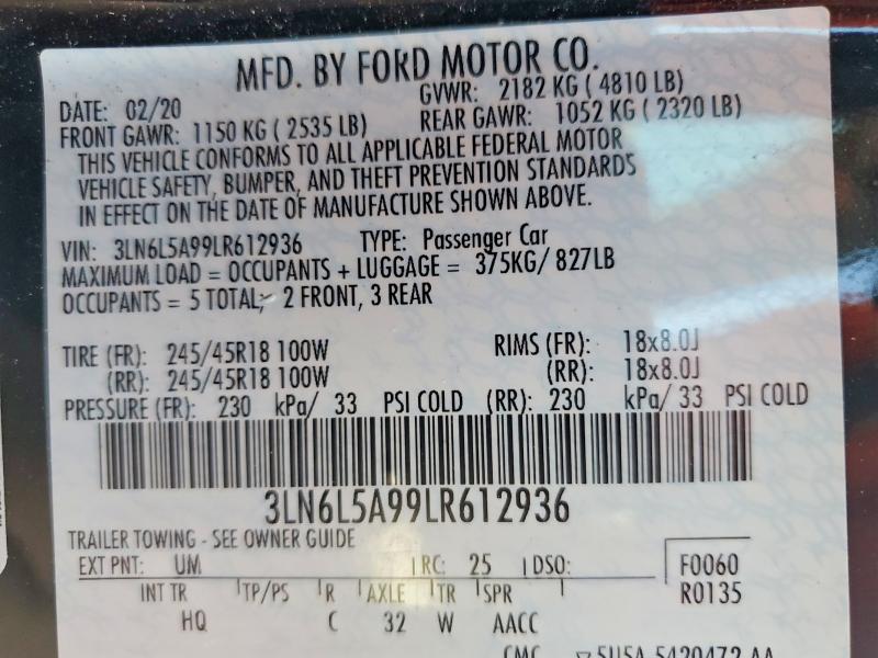 2020 Lincoln Mkz მანქანა იყიდება აუქციონზე, vin: 3LN6L5A99LR612936, აუქციონის ნომერი: 59982056