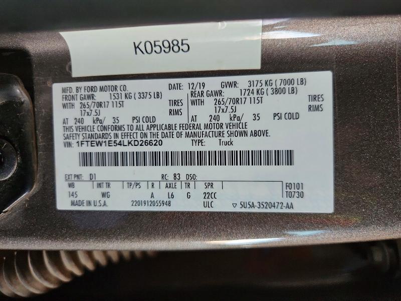 Auction sale of the 2020 Ford F150, vin: 1FTEW1E54LKD26620, lot number: 59406106