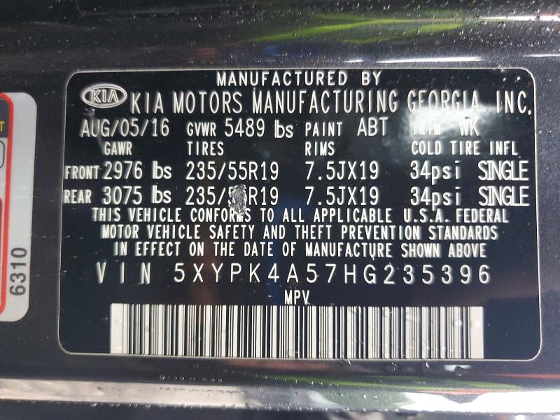 Продажа на аукционе авто 2017 Kia Sorento, vin: 5XYPK4A57HG235396, номер лота: 61767086