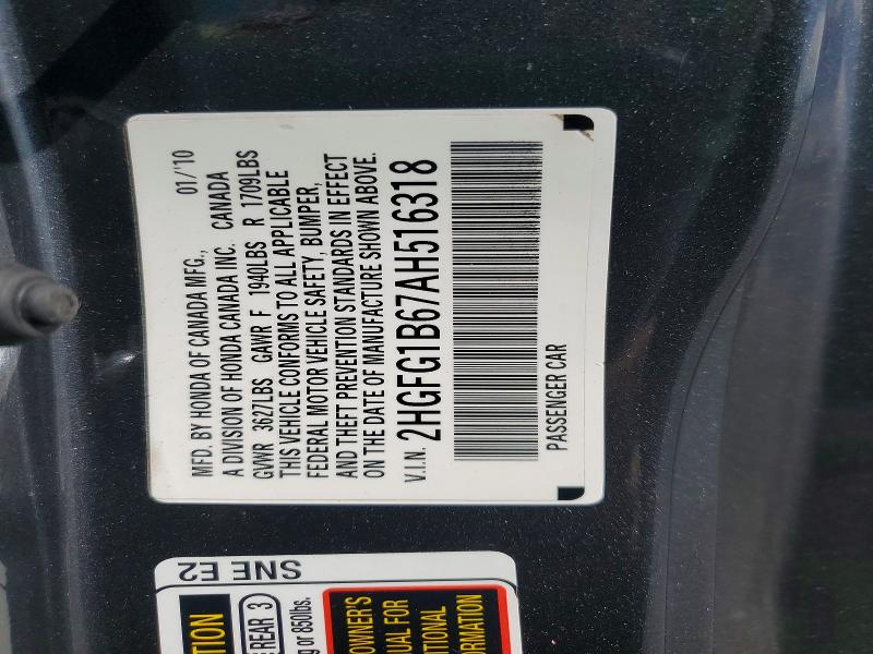 2010 Honda Civic მანქანა იყიდება აუქციონზე, vin: 2HGFG1B67AH516318, აუქციონის ნომერი: 61753516