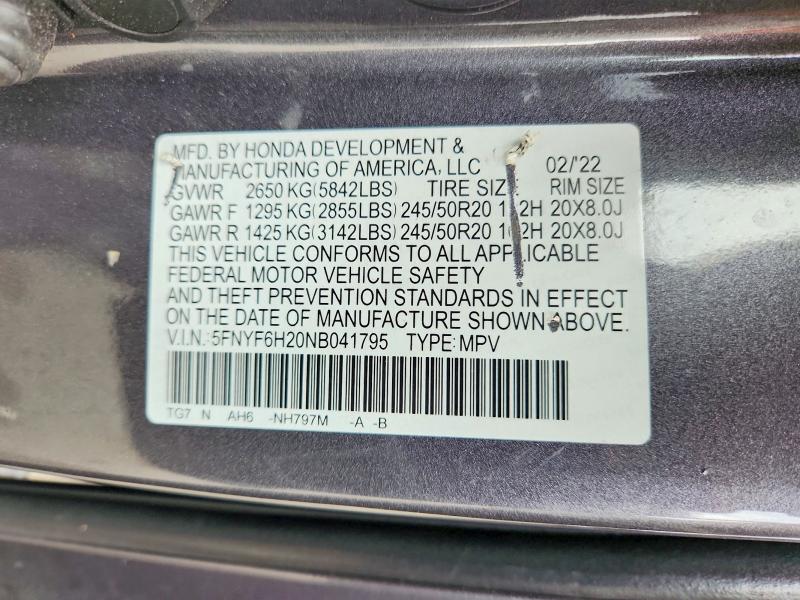 Aukcja sprzedaży 2022 Honda Pilot, vin: 5FNYF6H20NB041795, numer aukcji: 58921526