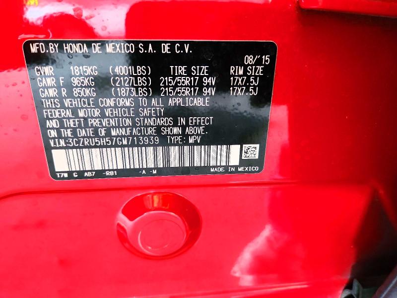 61538836 :رقم المزاد ، 3CZRU5H57GM713939 vin ، 2016 Honda Hr-v مزاد بيع