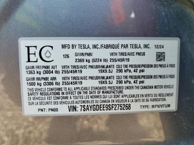 58744526 :رقم المزاد ، 7SAYGDEE9SF275268 vin ، 2025 Tesla Model Y مزاد بيع