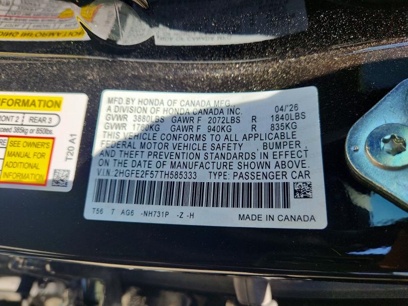 61336706 :رقم المزاد ، 2HGFE2F57TH585333 vin ، 2026 Honda Civic مزاد بيع