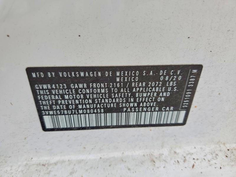 2020 Volkswagen Jetta მანქანა იყიდება აუქციონზე, vin: 3VWE57BU7LM080458, აუქციონის ნომერი: 60318906
