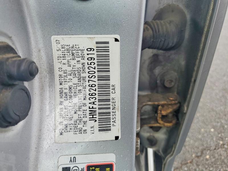 62998986 :رقم المزاد ، JHMFA36267S025919 vin ، 2007 Honda Civic مزاد بيع
