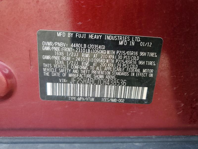 60699076 :رقم المزاد ، JF2SHABC7CH438536 vin ، 2012 Subaru Forester مزاد بيع