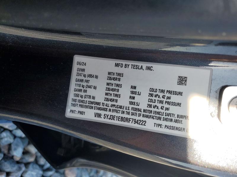 Продажа на аукционе авто 2024 Tesla Model 3, vin: 5YJ3E1EB0RF794222, номер лота: 63052396