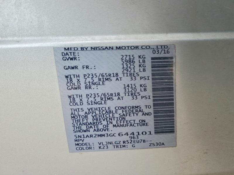 Aukcja sprzedaży 2016 Nissan Pathfinder, vin: 5N1AR2MM3GC644101, numer aukcji: 63255226