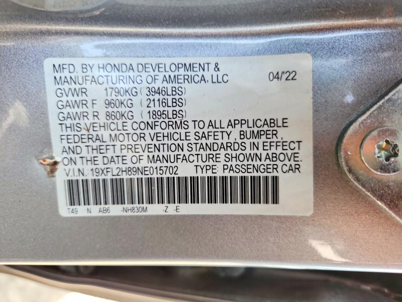 2022 Honda Civic მანქანა იყიდება აუქციონზე, vin: 19XFL2H89NE015702, აუქციონის ნომერი: 61803816