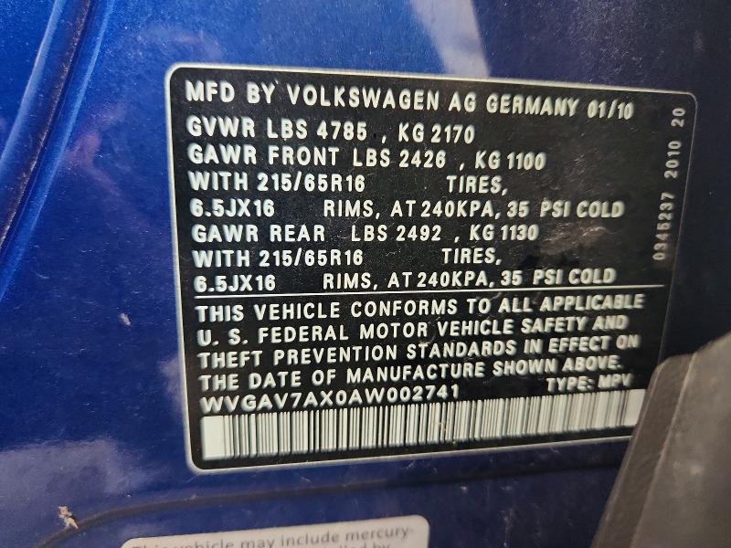 Продажа на аукционе авто 2010 Volkswagen Tiguan, vin: WVGAV7AX0AW002741, номер лота: 62266646
