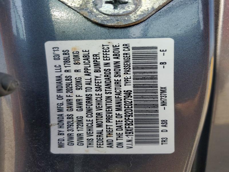 2013 Honda Civic მანქანა იყიდება აუქციონზე, vin: 19XFB2F92DE027946, აუქციონის ნომერი: 62623116