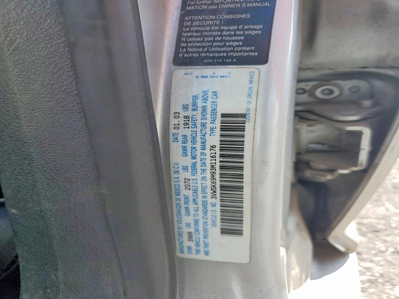2003 Volkswagen Jetta მანქანა იყიდება აუქციონზე, vin: 3VWSK69M93M116176, აუქციონის ნომერი: 63129176
