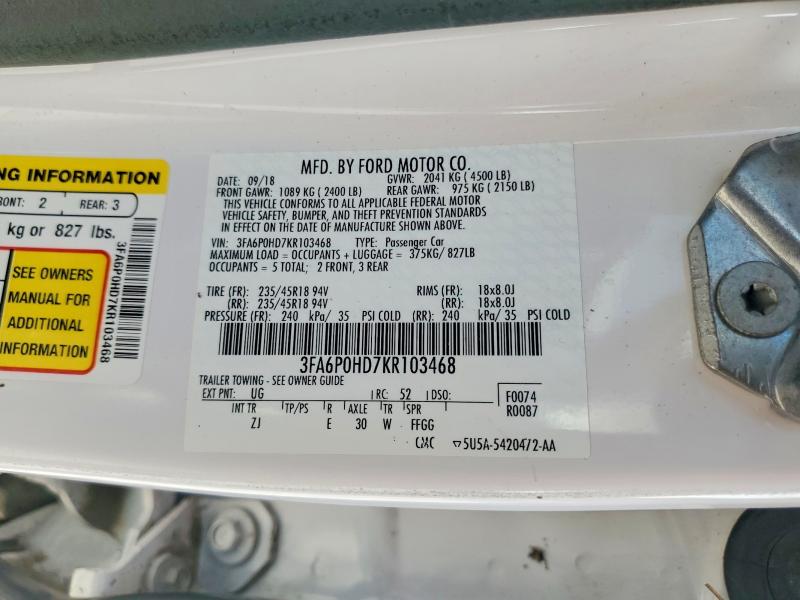 2019 Ford Fusion მანქანა იყიდება აუქციონზე, vin: 3FA6P0HD7KR103468, აუქციონის ნომერი: 62416156