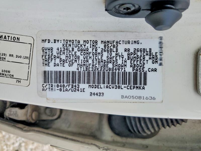2002 Toyota Camry მანქანა იყიდება აუქციონზე, vin: 4T1BE32K22U084971, აუქციონის ნომერი: 60716936