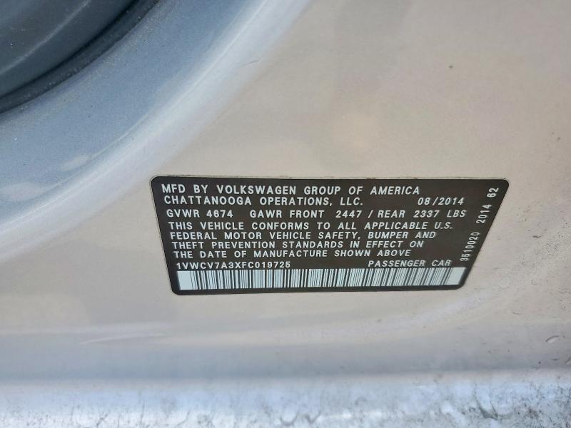 2015 Volkswagen Passat მანქანა იყიდება აუქციონზე, vin: 1VWCV7A3XFC019725, აუქციონის ნომერი: 57309266
