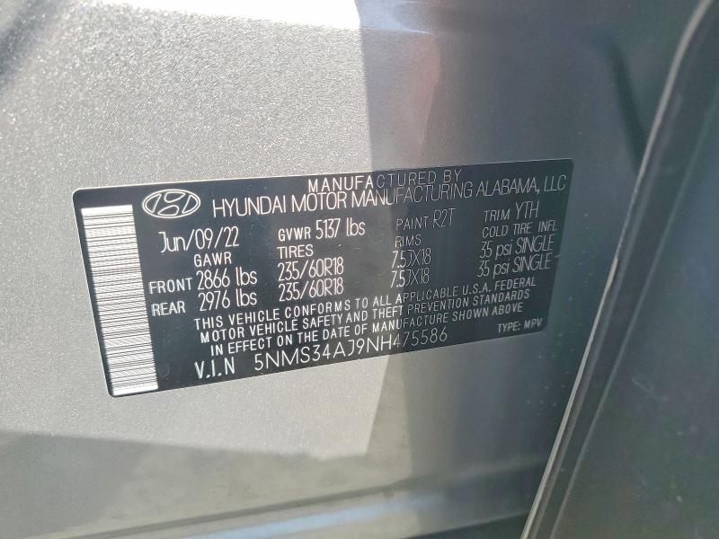 60407356 :رقم المزاد ، 5NMS34AJ9NH475586 vin ، 2022 Hyundai Santa Fe مزاد بيع