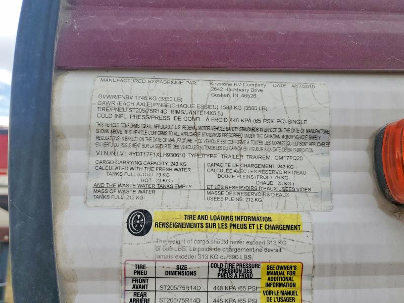 41633066 :رقم المزاد ، 4YDT17F1XLH930610 vin ، 2020 Keystone Coleman مزاد بيع
